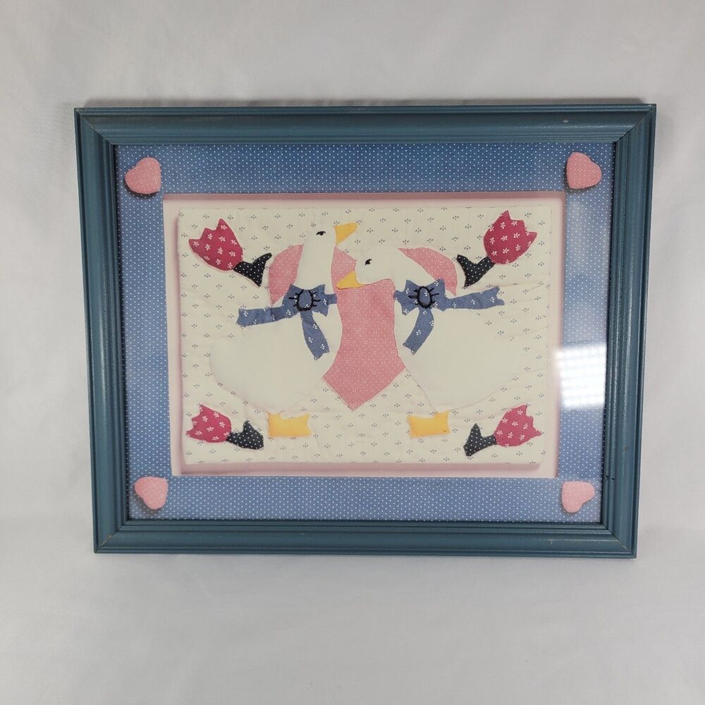 Vintage Country Blue Goose Framed Wall Art Ribbon Geese Cottagecore Grannycore